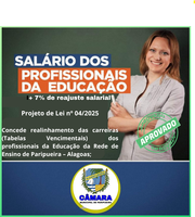 Vereadores aprovam  Projeto de Lei que realinha em 7% os vencimentos dos profissionais da educação municipal.