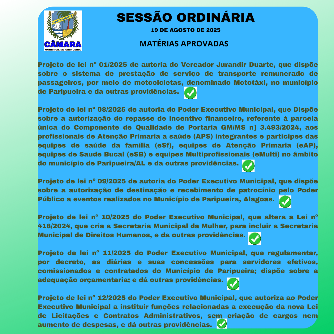 Matérias Aprovadas - Sessão Ordinária 19 de agosto de 2025